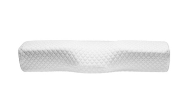 A white, contoured memory foam pillow designed for ergonomic support and comfort.