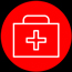 red circular emblem featuring a white medical bag with a cross symbol signifying first aid kit essentials for health safety and emergency preparedness 3 key components