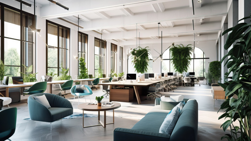 modern office interior with large windows, plants, and contemporary furniture