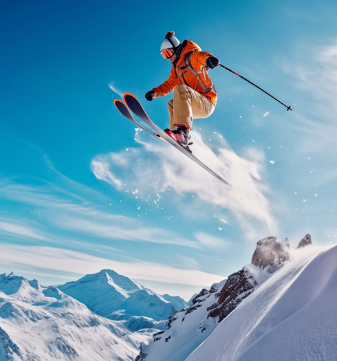 A skier in an orange jacket jumps off a snow-covered mountain peak, surrounded by majestic snowy mountains and a clear blue sky, showcasing thrilling winter sports action.