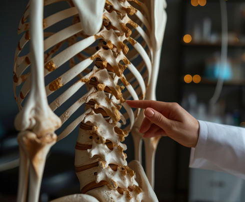 A hand pointing at the vertebrae of a human skeleton model in a medical or educational setting.