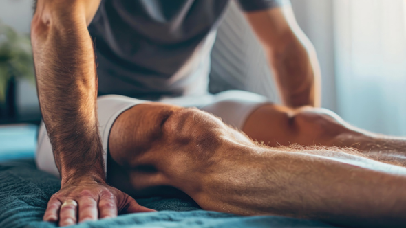 A person stretching on a bed, focusing on their legs and knees, promoting flexibility and well-being.