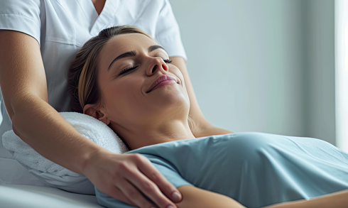 woman receiving a relaxing massage from a therapist, highlighting tranquility and well-being