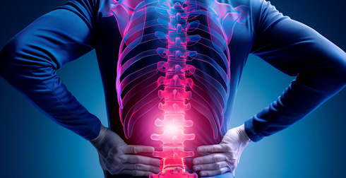 A person in a fitted blue shirt is shown from the back, with a highlighted graphic of the spine and lower back area, indicating pain or discomfort. The illumination around the lumbar region emphasizes potential issues related to back pain.