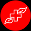 red circular emblem featuring a medical cross with green leaves symbolizing health and wellness seven benefits of nature